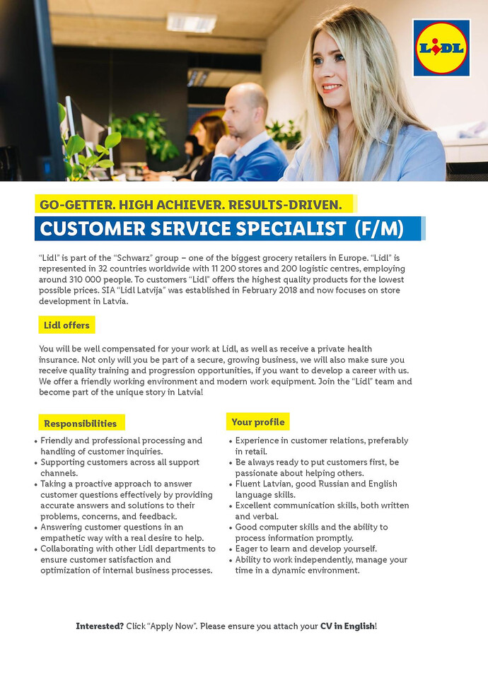 Vakance CUSTOMER SUPPORT SPECIALIST, Rīga, Rīgas rajons, Lidl