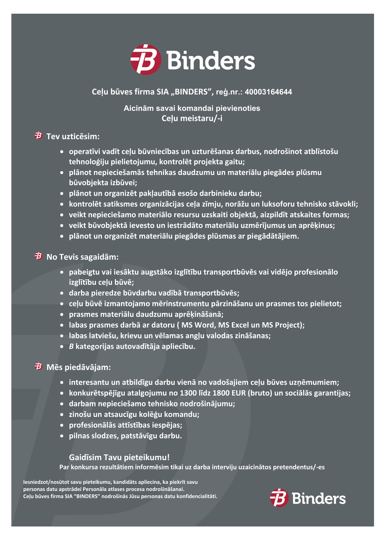 Vakance CEĻU MEISTARS/E, Rīga, Rīgas rajons, BINDERS, Ceļu būves