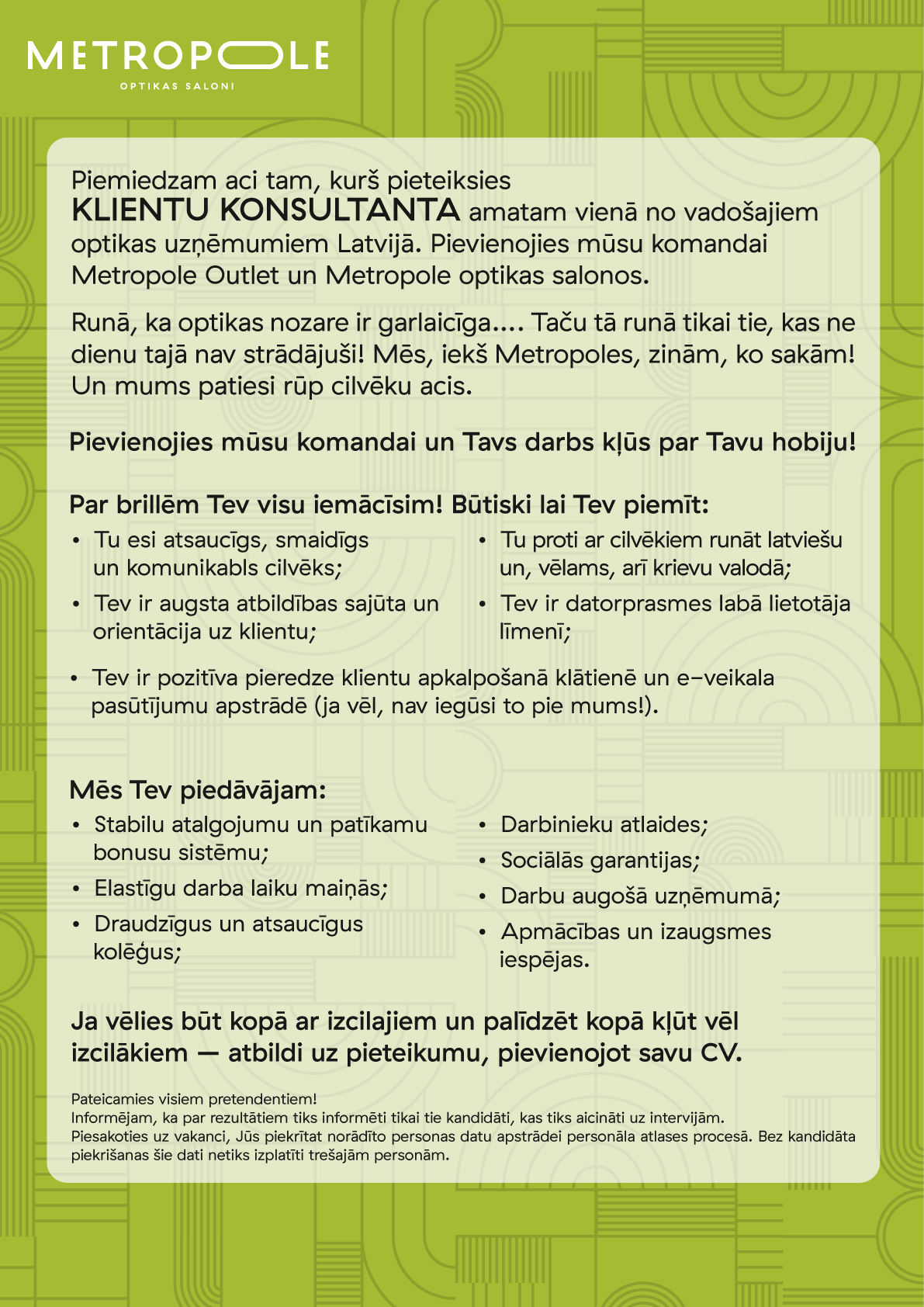 Vakance KLIENTU KONSULTANTU OPTIKAS SALONĀ JELGAVĀ, Jelgava, Jelgavas