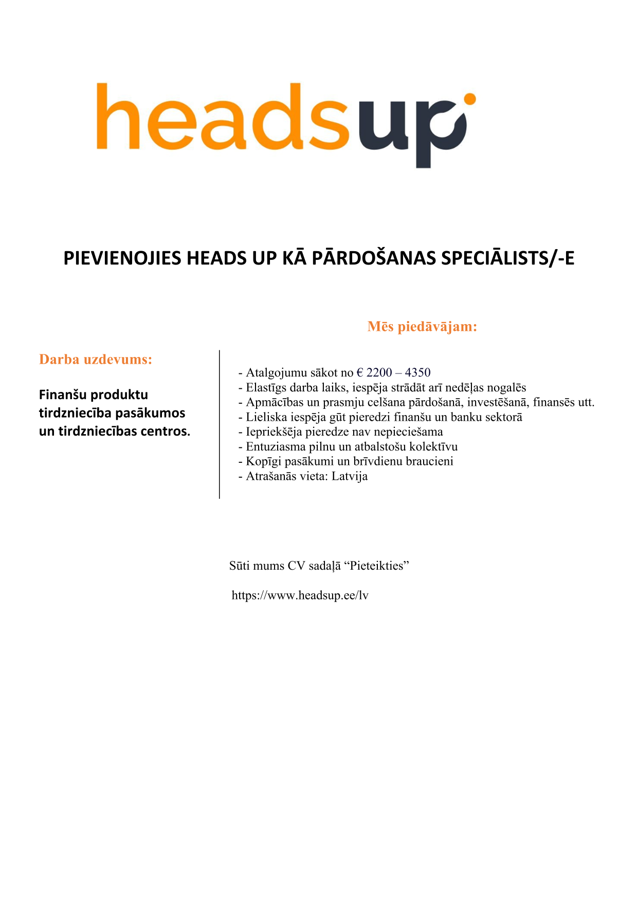 Vakance Pārdošanas speciālists/e, Heads Up Eesti OÜ