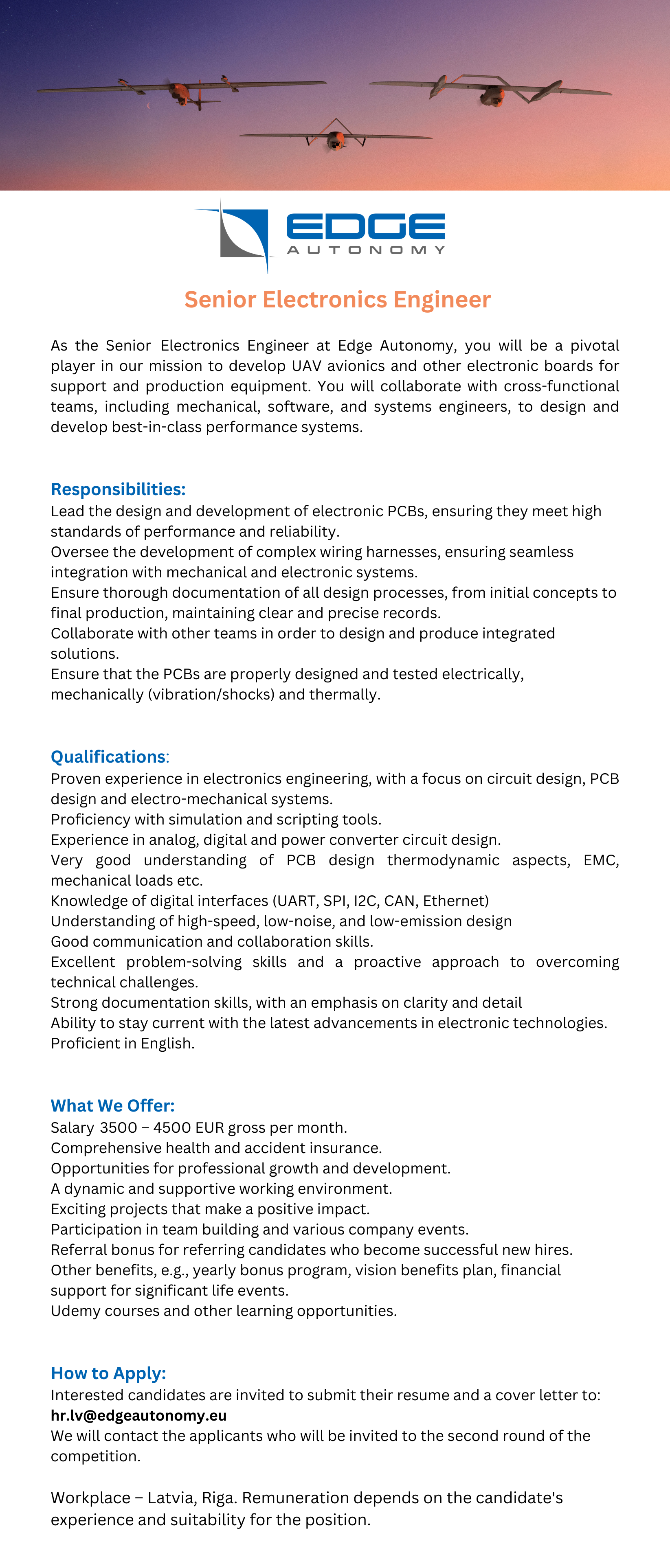 Vakance - Senior Electronics Engineer, Edge Autonomy Riga SIA | CV-Online